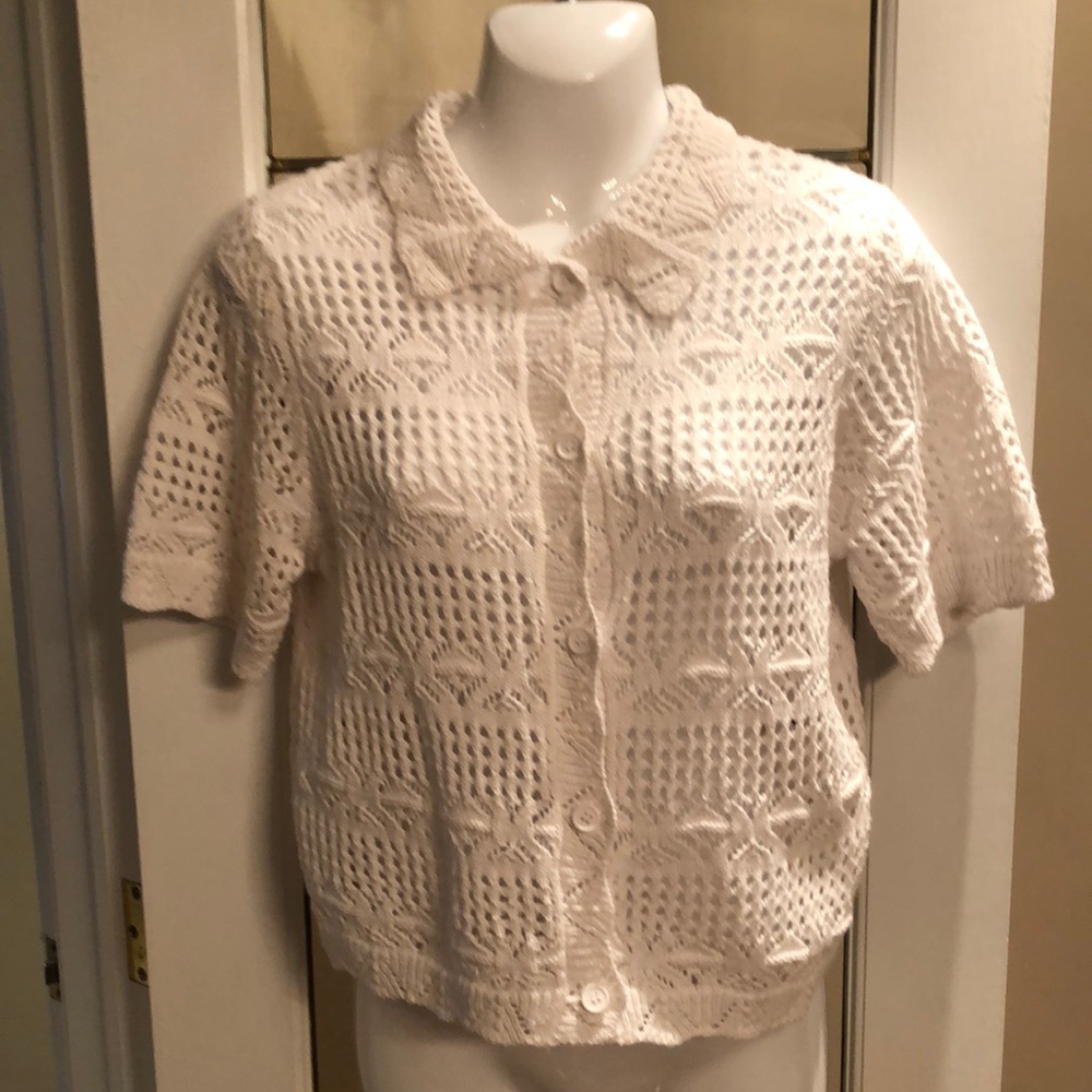 Retrod White Crochet Button-Front Short Sleeve Cardigan